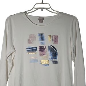 Chico's 2 White Top Size L Brush Stroke Design Long Sleeves Pullover Jersey